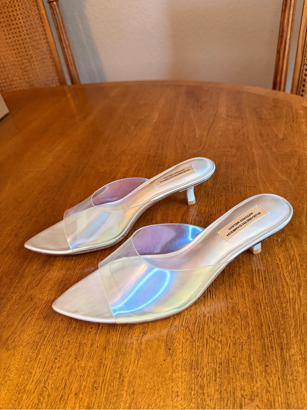 ANTONIO MELANI x Elizabeth Damrich Leather Iridescent Clear Pointed Mules NEW